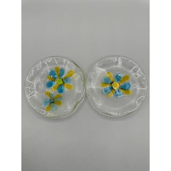 Art Glass Trinket Dishes Floral Flowers Trinket Dish Scalloped Rim Hand Made - Picture 5 of 7